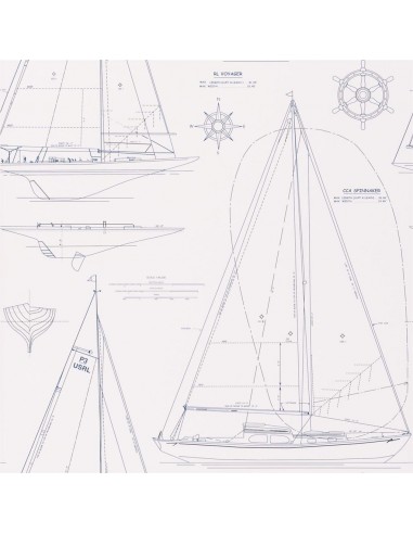 Papier Peint RL Boat Blueprint Dark Blue On White français