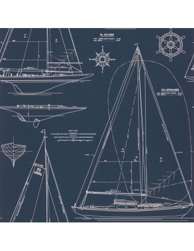 Papier Peint RL Boat Blueprint White On Dark Blue Paris Déstockage Promo